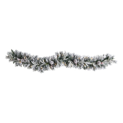 Nearly Natural 6 ft flocked Christmas garland with pine cones and 35 warm white LEDs on Tampa Home & Garden Store