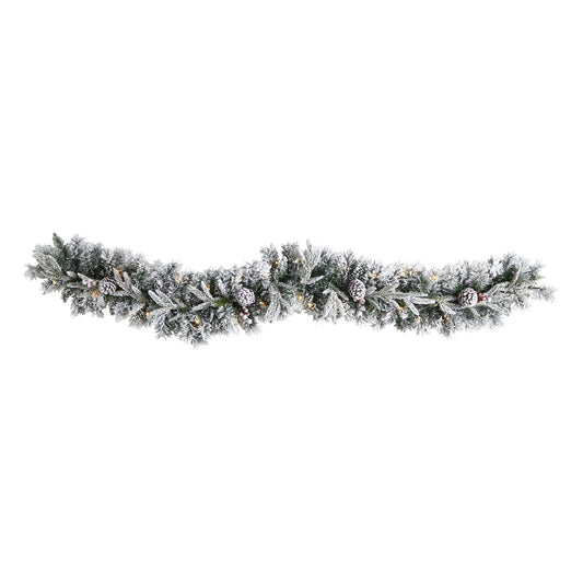 Nearly Natural 6 ft flocked Christmas garland with pine cones and 35 warm white LEDs on Tampa Home & Garden Store