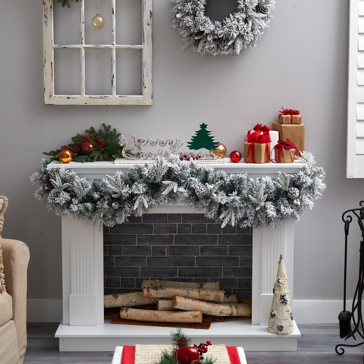Garland 6 ft flocked Christmas with pine cones and 35 warm white LEDs by Nearly Natural on Tampa Home & Garden Store