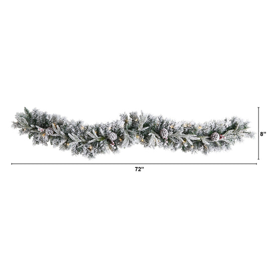 Nearly Natural 6 ft flocked Christmas garland with pine cones and 35 warm white LED lights on Tampa Home & Garden Store
