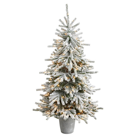6’ Flocked Long Vermont Pine Tree with 758 Branches and 250 LED Lights in Decorative Planter - Tampa Home & Garden Store