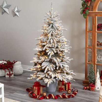 6’ Flocked Long Vermont Pine Tree with 758 Branches and 250 LED Lights in Decorative Planter