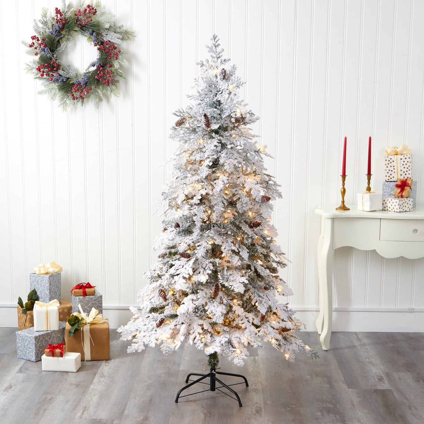 6' Flocked Montana Spruce Christmas Tree with 250 LED Lights Nearly Natural on Tampa Home & Garden Store