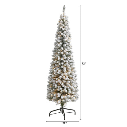 6’ flocked pencil artificial Christmas tree with 300 clear lights and 438 bendable branches on Tampa Home & Garden Store