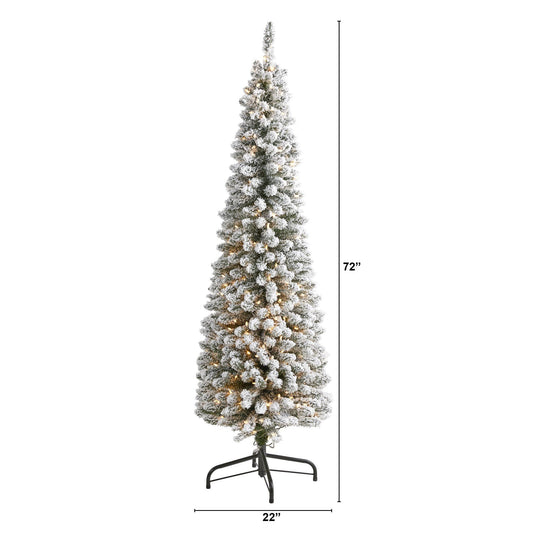 6’ flocked pencil artificial Christmas tree with 300 clear lights and 438 bendable branches on Tampa Home & Garden Store