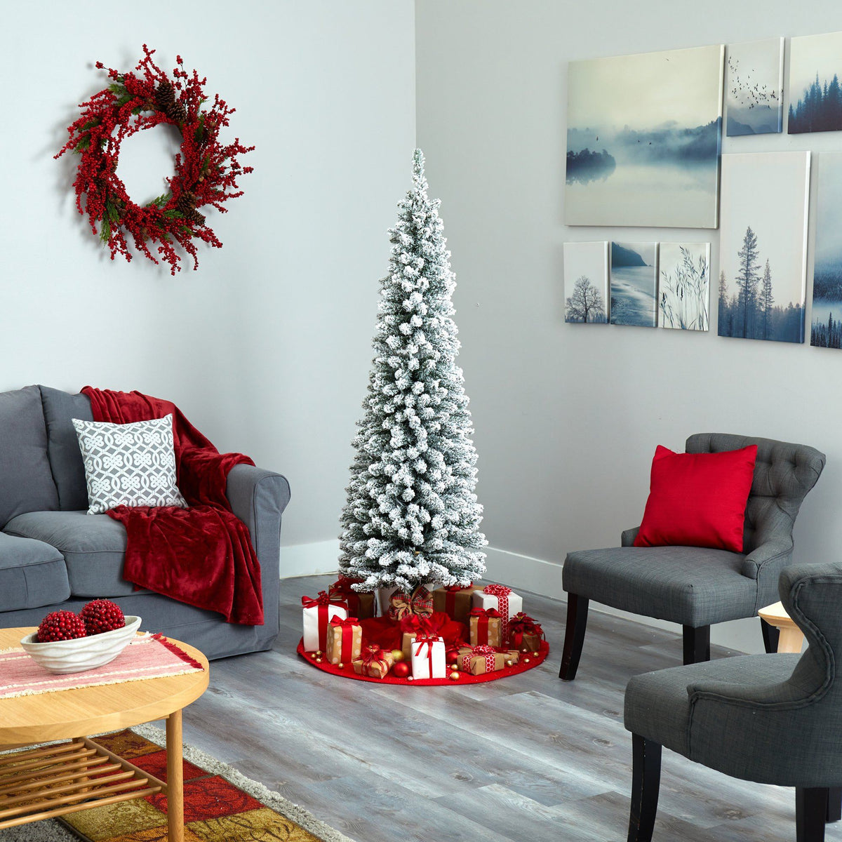 6ft flocked pencil Christmas tree by Nearly Natural with 300 clear lights on Tampa Home & Garden Store