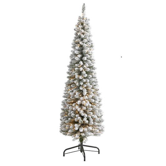 Nearly Natural 6’ flocked Christmas tree with 300 clear lights and 438 bendable branches on stand on Tampa Home & Garden Store