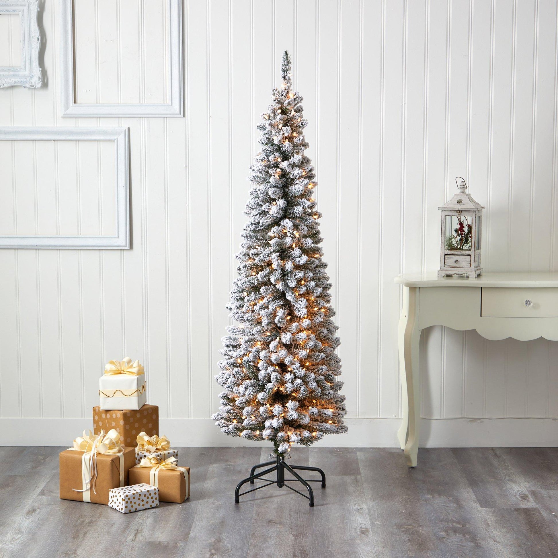 6ft flocked pencil Christmas tree Nearly Natural with 300 clear lights and 438 bendable branches on Tampa Home & Garden Store