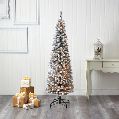 6ft flocked pencil Christmas tree Nearly Natural with 300 clear lights and 438 bendable branches on Tampa Home & Garden Store
