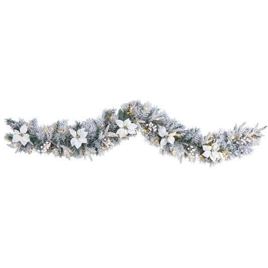 6’ Flocked Poinsettia and Berry Artificial Christmas Garland with 50 Warm White LED Lights - Tampa Home & Garden Store