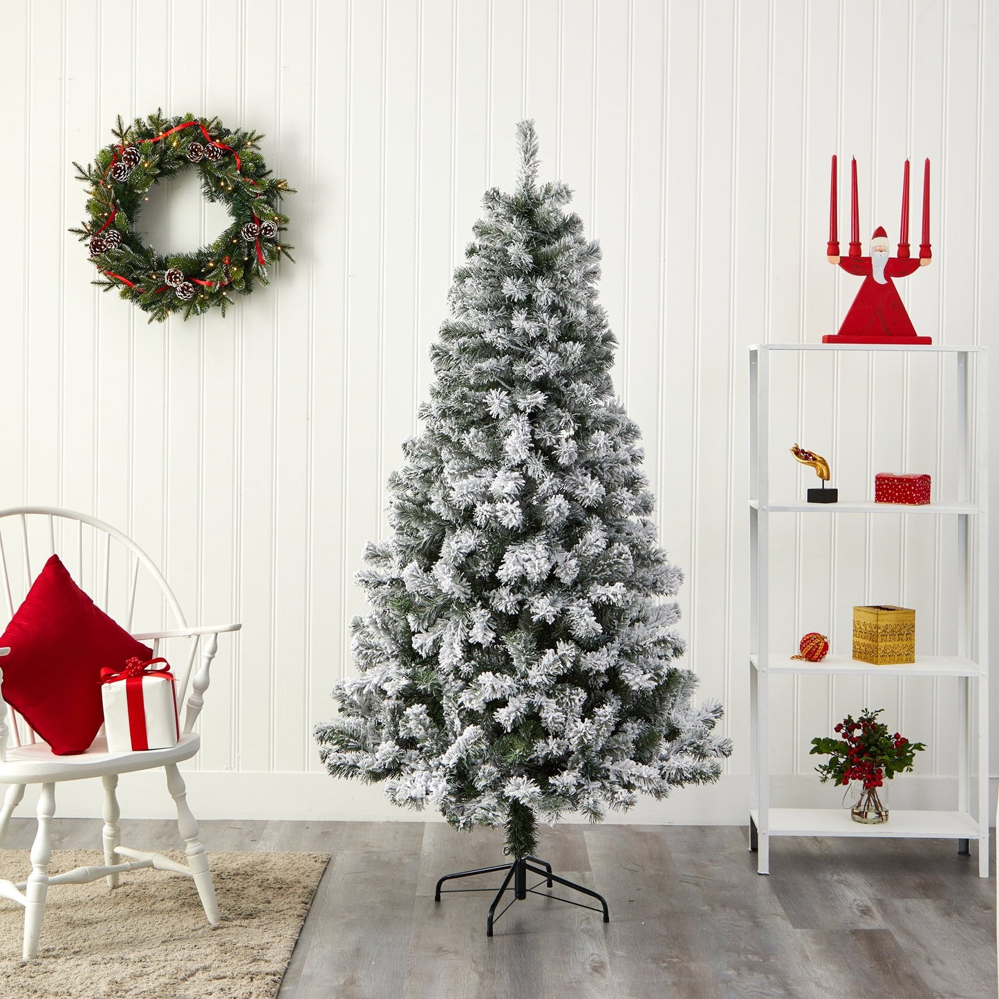 6' Flocked Rock Springs Spruce artificial Christmas tree by Nearly Natural with snow on Tampa Home & Garden Store
