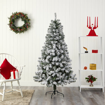 6' Flocked Rock Springs Spruce artificial Christmas tree by Nearly Natural with snow on Tampa Home & Garden Store