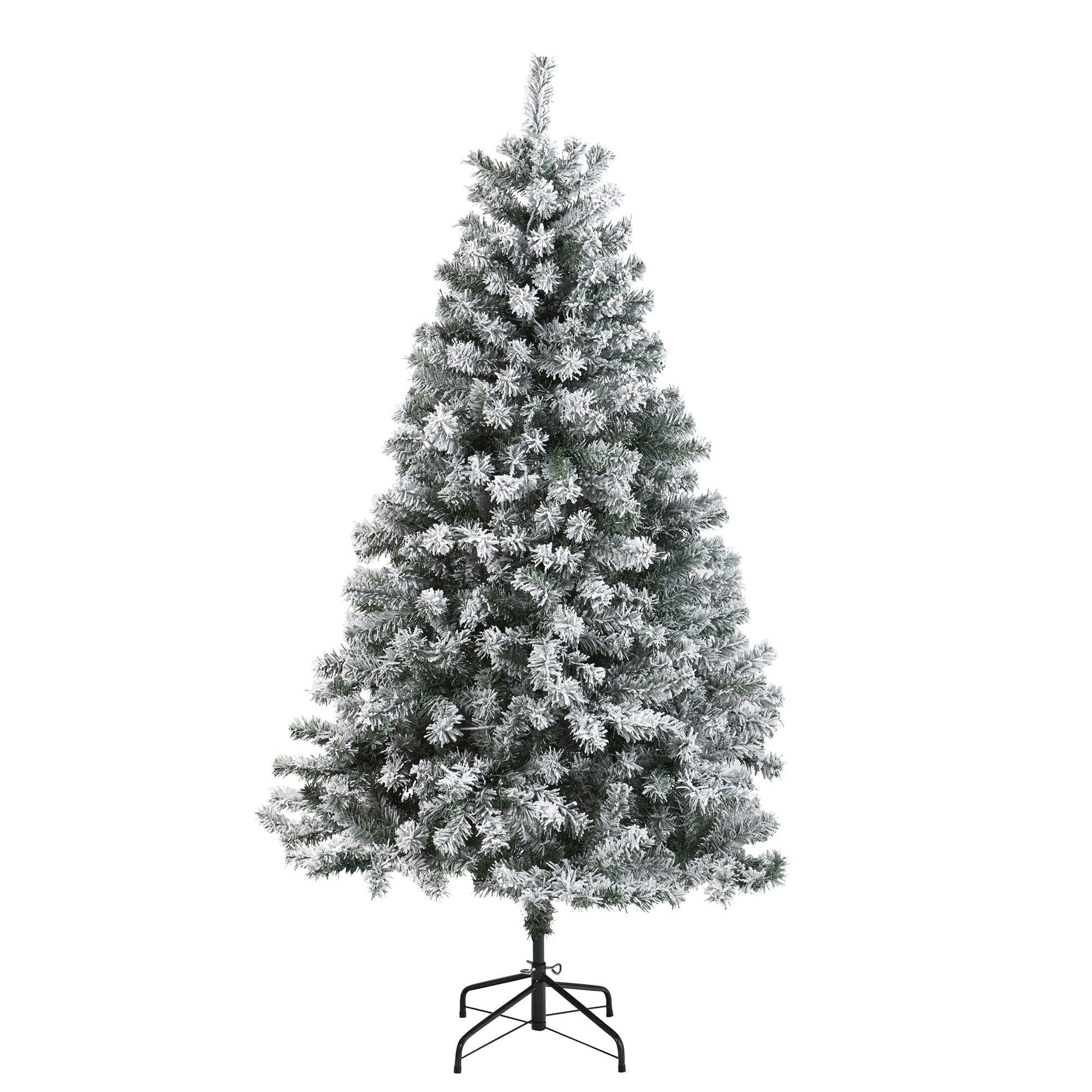 6-foot Nearly Natural flocked Rock Springs spruce artificial Christmas tree on a black metal stand on Tampa Home & Garden Store