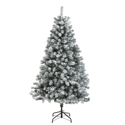 6-foot Nearly Natural flocked Rock Springs spruce artificial Christmas tree on a black metal stand on Tampa Home & Garden Store