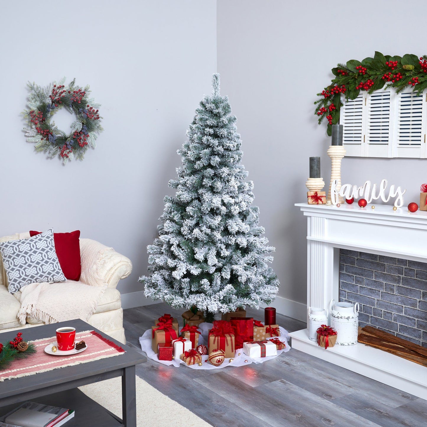 6' Flocked Rock Springs Spruce artificial Christmas tree by Nearly Natural with snowy needles on Tampa Home & Garden Store