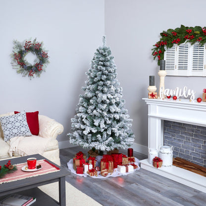 6' Flocked Rock Springs Spruce artificial Christmas tree by Nearly Natural with snowy needles on Tampa Home & Garden Store