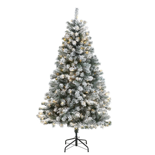 6 ft Nearly Natural flocked Rock Springs Spruce Christmas tree with 250 clear LED lights on metal stand on Tampa Home & Garden Store