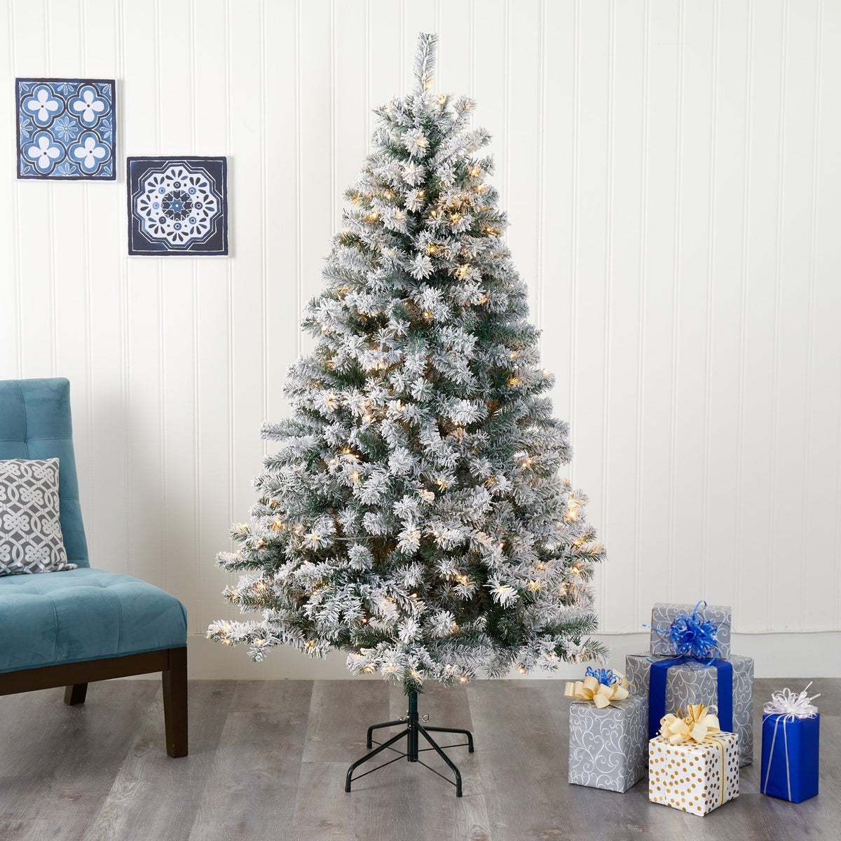 6' flocked Spruce artificial Christmas tree with 250 clear LED lights by Nearly Natural on Tampa Home & Garden Store