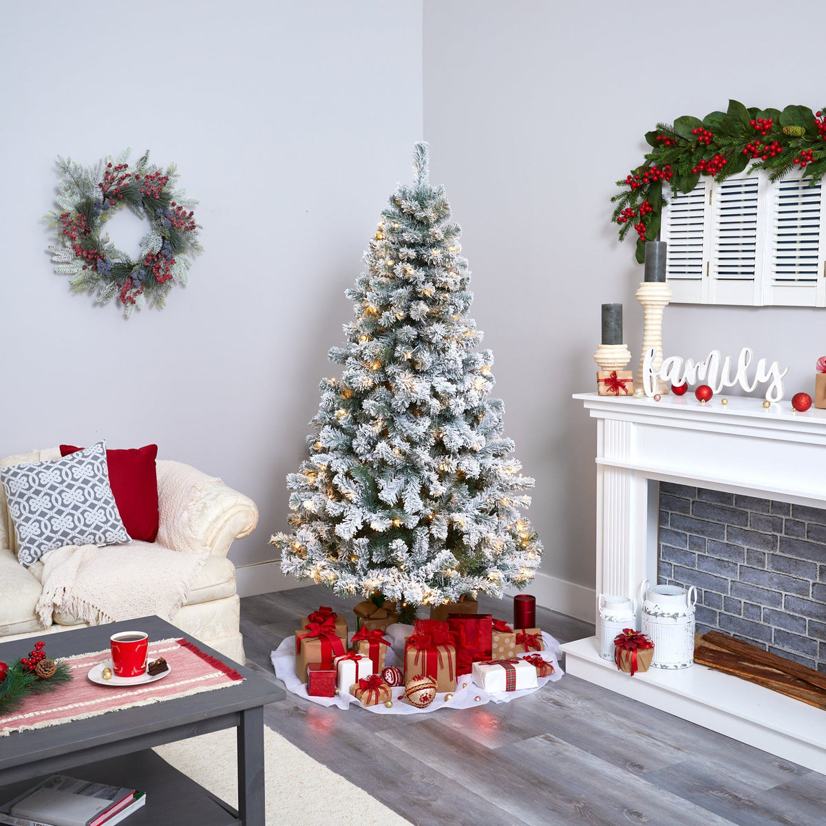 6' Flocked WV fir artificial Christmas tree with 250 clear LED lights by Nearly Natural on Tampa Home & Garden Store