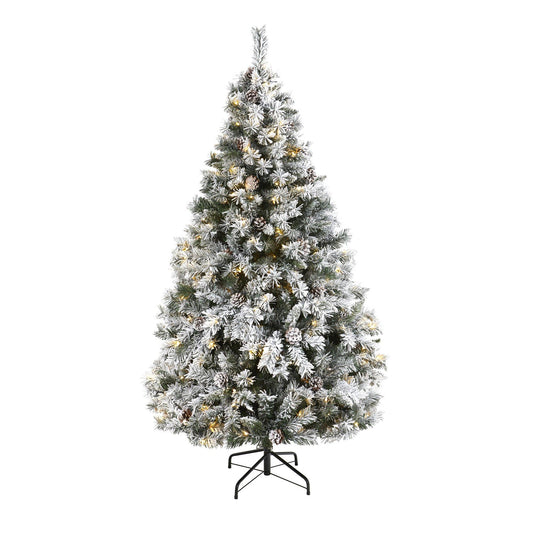 6 ft Nearly Natural flocked white pine artificial Christmas tree with cones and 250 LEDs on Tampa Home & Garden Store
