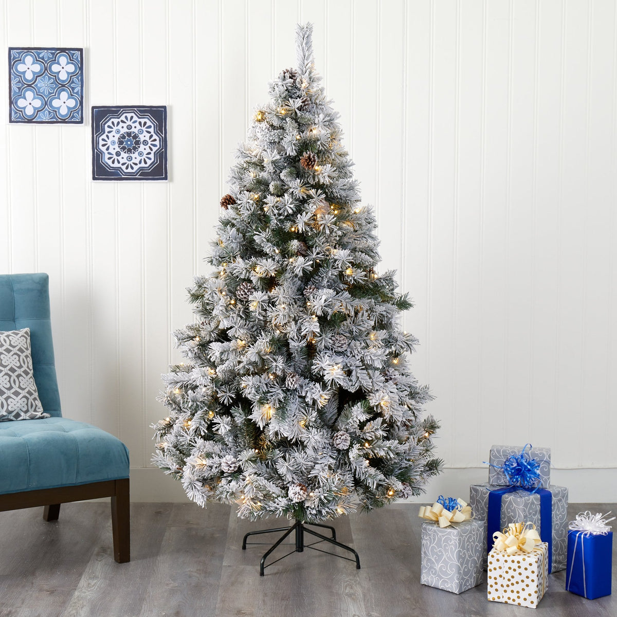 6 ft flocked white pine artificial Christmas tree with pinecones and 250 clear LED lights on Tampa Home & Garden Store