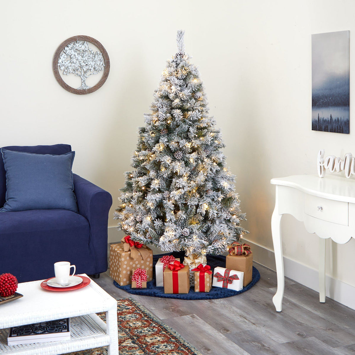 Nearly Natural 6' flocked white pine Christmas tree with pinecones and 250 LED lights on Tampa Home & Garden Store