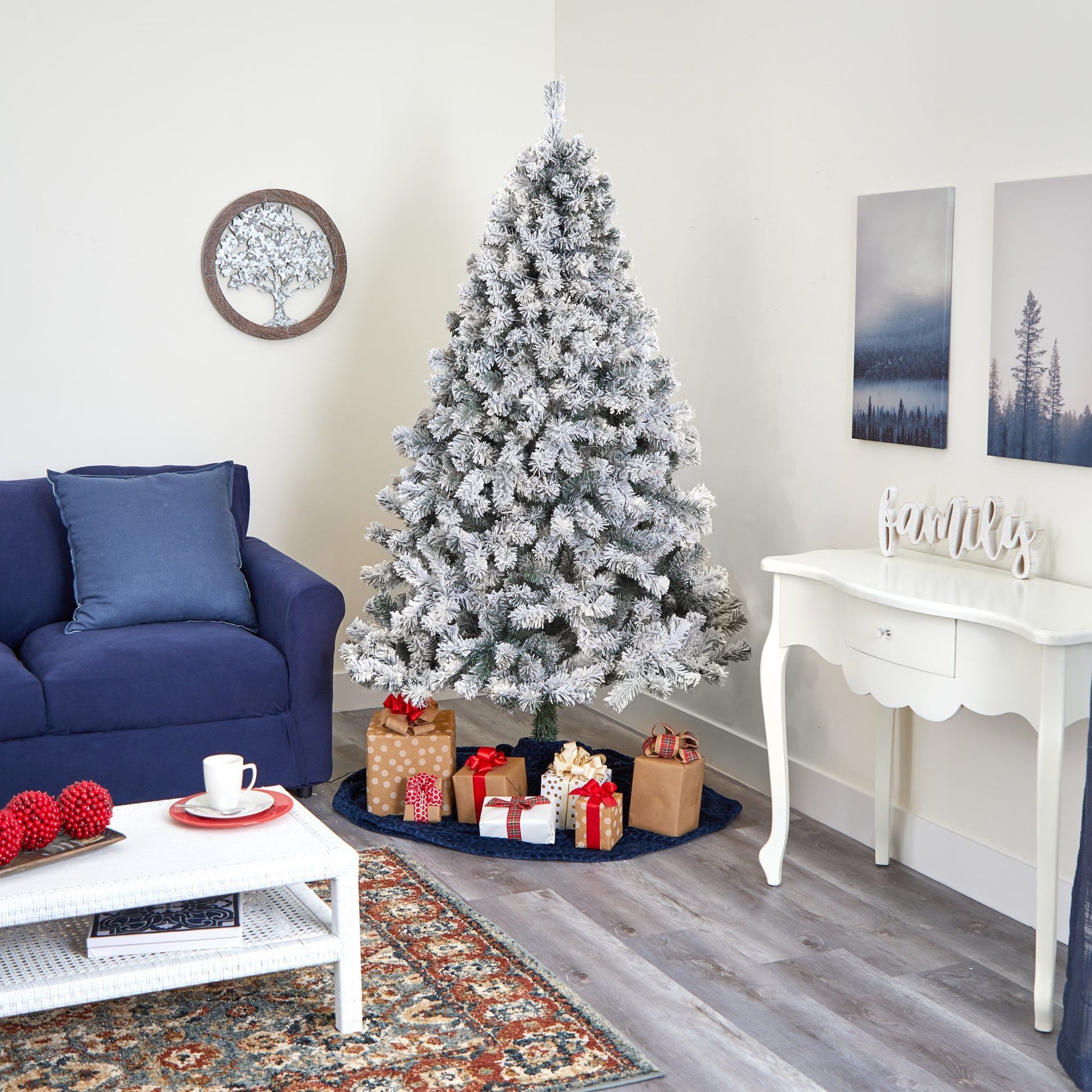 6 ft flocked white river mountain pine artificial Christmas tree with pinecones Nearly Natural on Tampa Home & Garden Store
