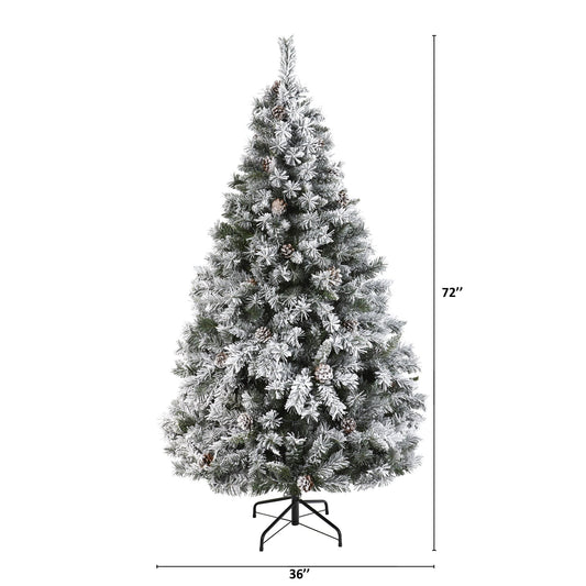 Nearly Natural 6 ft flocked white river mountain pine artificial Christmas tree with pinecones on metal stand on Tampa Home & Garden Store
