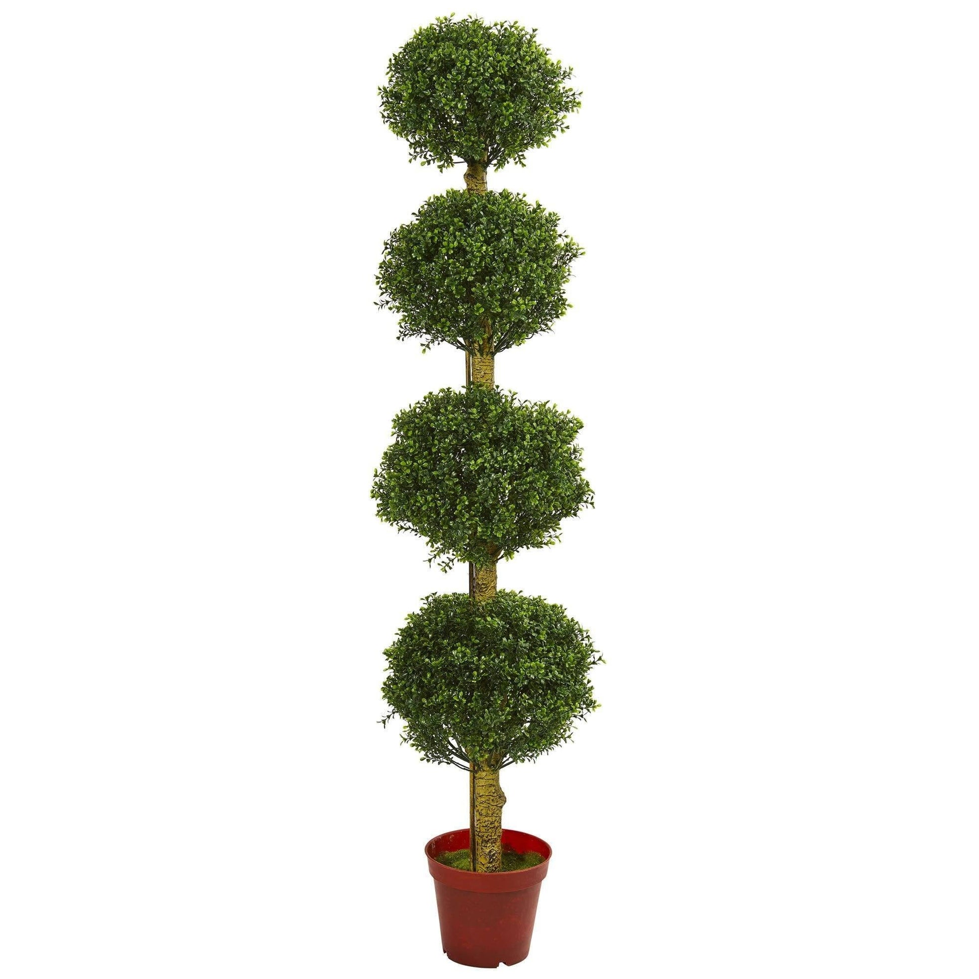 Nearly Natural 6 ft four-tier boxwood topiary tree UV resistant in red planter on Tampa Home & Garden Store
