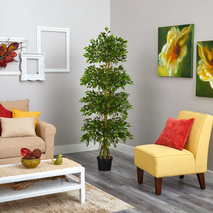 6' Four Tier Mini Ficus Artificial Tree with lush green leaves in a black pot on Tampa Home & Garden Store