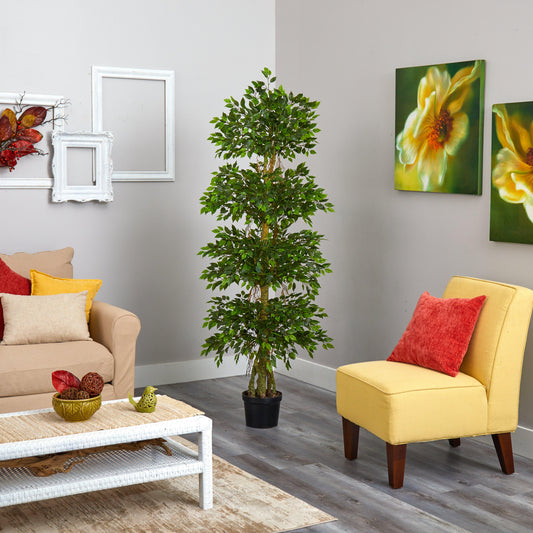 6' Four Tier Mini Ficus Artificial Tree with lush green leaves in a black pot on Tampa Home & Garden Store