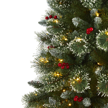 Árbol de Navidad artificial de pino suizo nevado de 6 pies con 300 luces LED claras y bayas