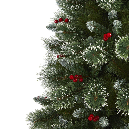 Árbol de Navidad artificial de pino suizo nevado de 6 pies con 300 luces LED claras y bayas