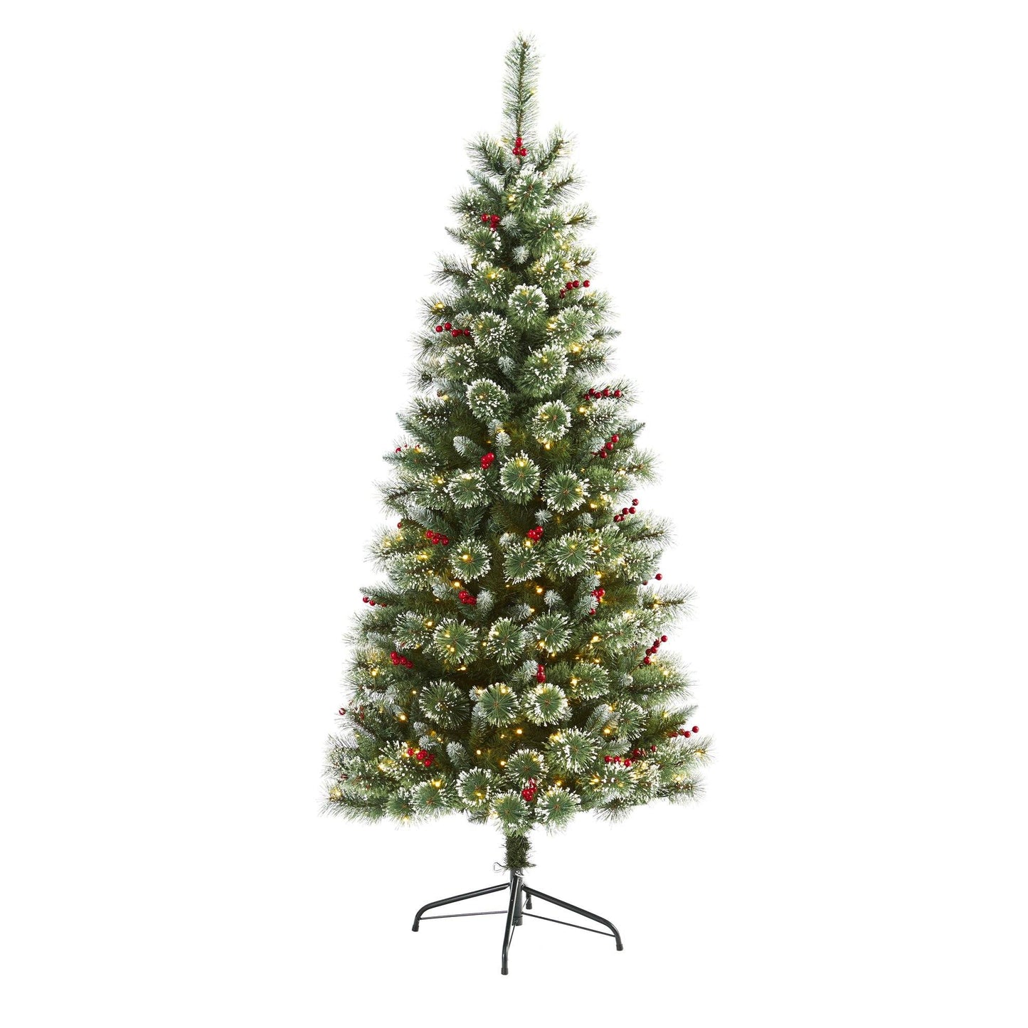 Árbol de Navidad artificial de pino suizo nevado de 6 pies con 300 luces LED claras y bayas