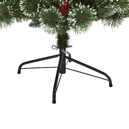 Árbol de Navidad artificial de pino suizo nevado de 6 pies con 300 luces LED claras y bayas