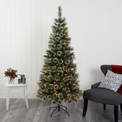 Árbol de Navidad artificial de pino suizo nevado de 6 pies con 300 luces LED claras y bayas