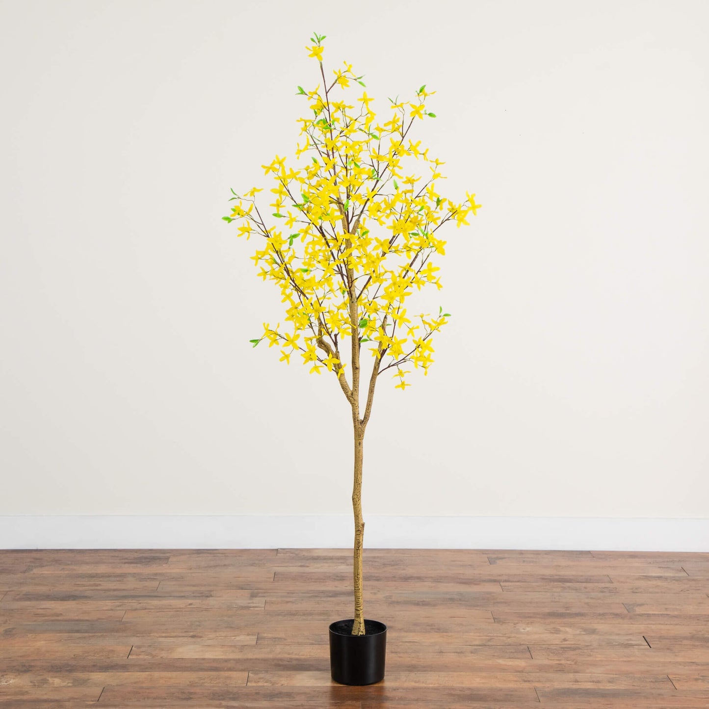 6' Nearly Natural forsythia tree with yellow blooms and green leaves in a black pot on Tampa Home & Garden Store