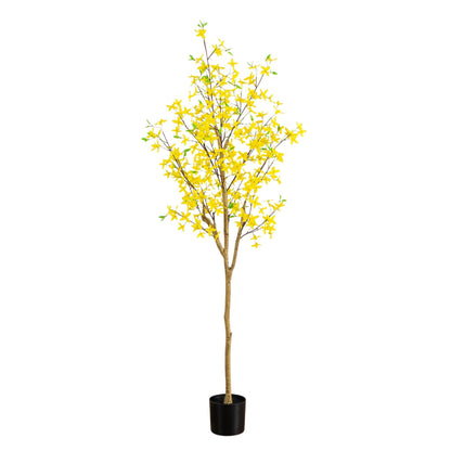 6 ft artificial Forsythia tree with bright yellow blossoms in a black pot on Tampa Home & Garden Store