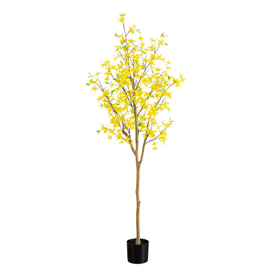 6 ft artificial Forsythia tree with bright yellow blossoms in a black pot on Tampa Home & Garden Store