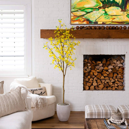 6' Artificial Forsythia Tree with bright yellow blooms in a white planter by Nearly Natural on Tampa Home & Garden Store