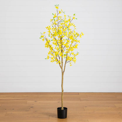 6' Artificial Forsythia Tree by Nearly Natural in a black pot with bright yellow blossoms on Tampa Home & Garden Store