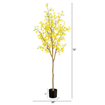 Nearly Natural 6 ft artificial forsythia tree in black pot with bright yellow blossoms on Tampa Home & Garden Store