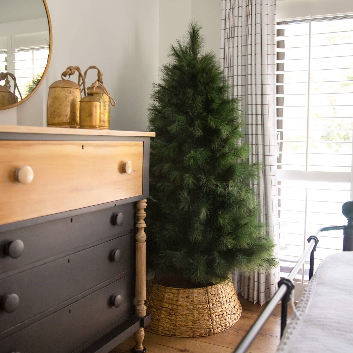 6' artificial green pampas grass Christmas tree by Nearly Natural in a woven basket on Tampa Home & Garden Store
