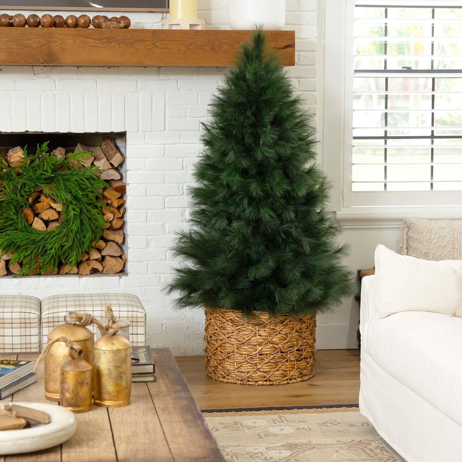 6' Nearly Natural artificial green pampas grass Christmas tree in woven basket indoors on Tampa Home & Garden Store