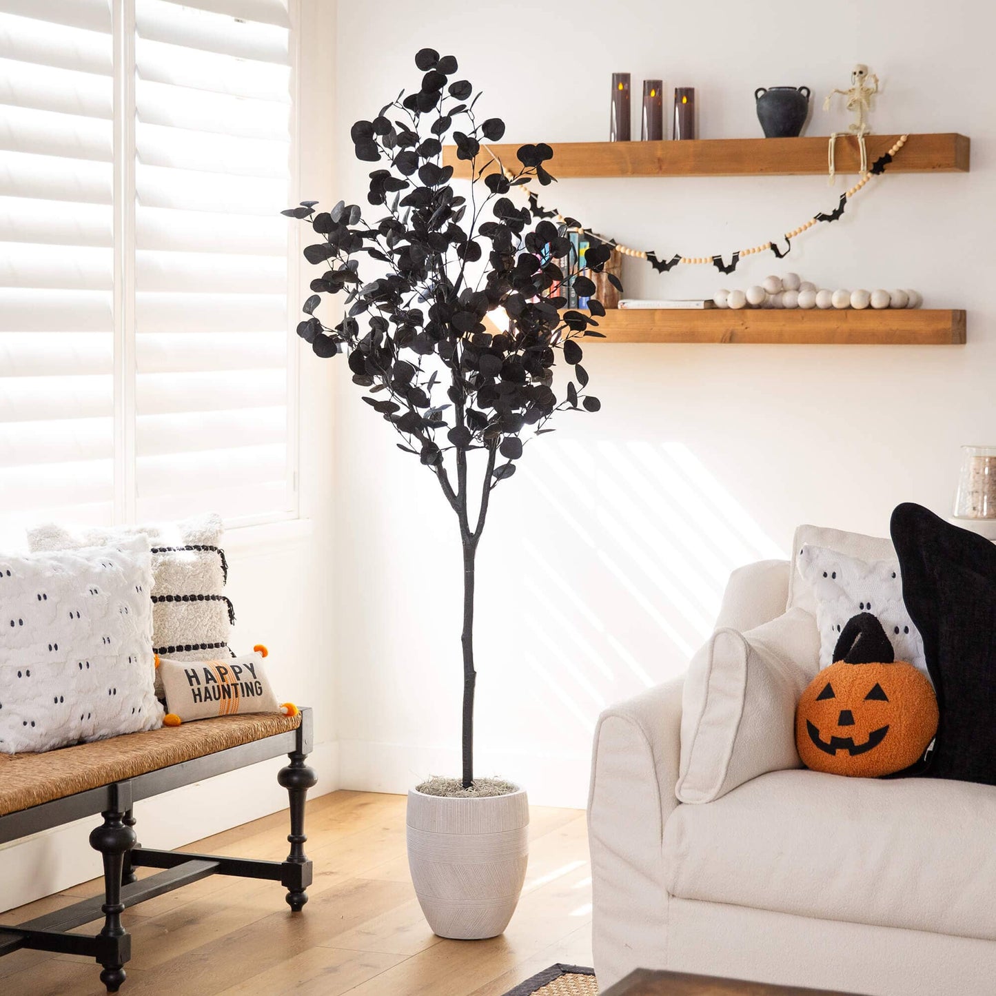 6' Artificial Halloween Black Eucalyptus Tree by Nearly Natural with black leaves for indoor decor on Tampa Home & Garden Store