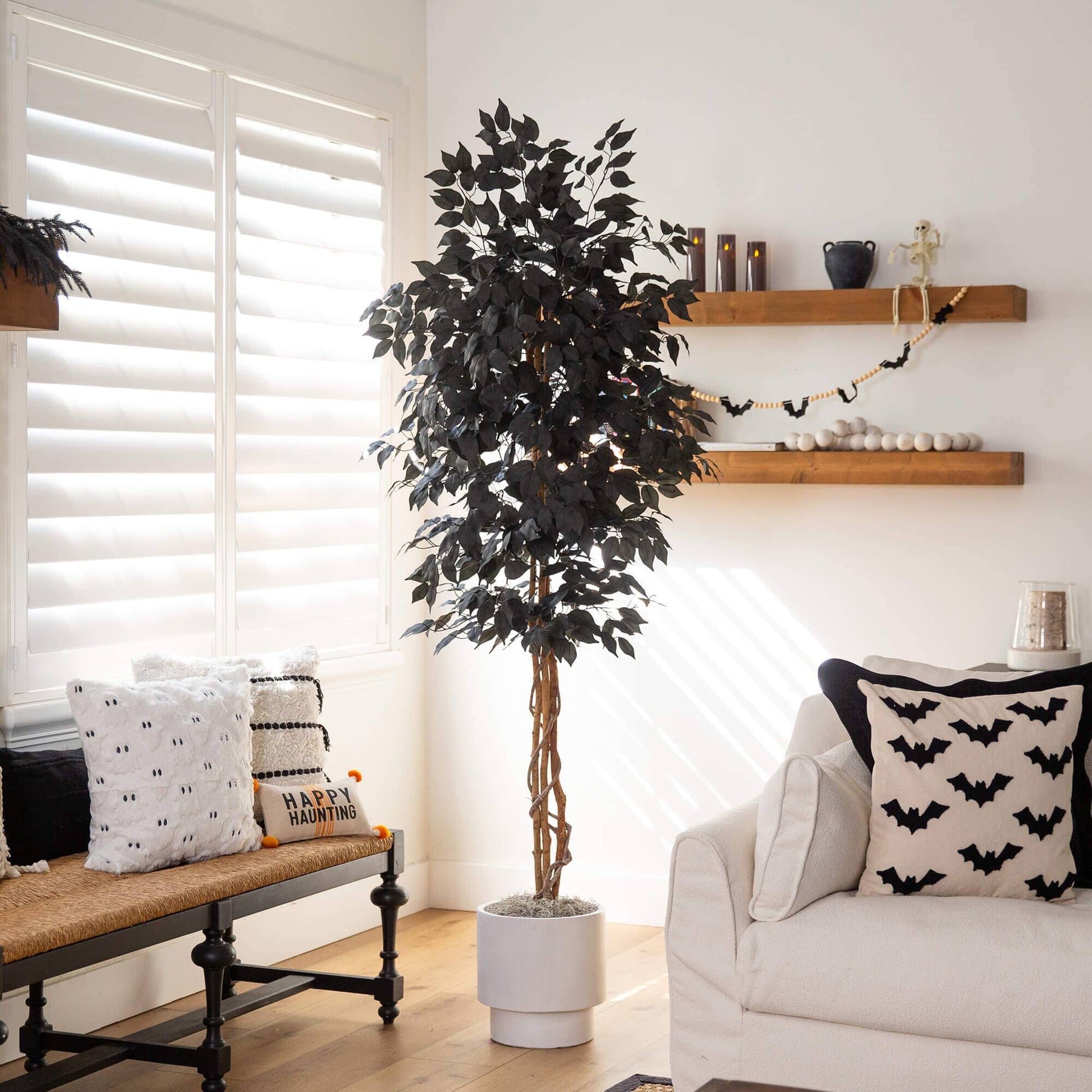 6' Nearly Natural artificial Halloween black ficus tree with natural trunk in living room on Tampa Home & Garden Store