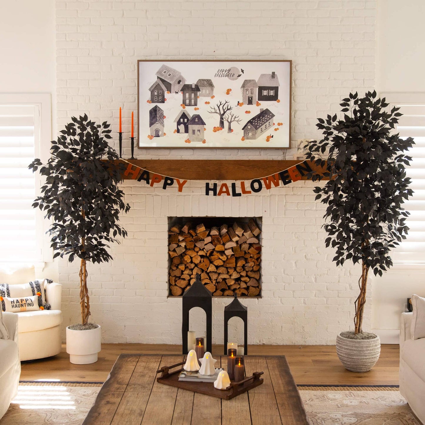 Pair of Nearly Natural 6' artificial Halloween Black Ficus Trees with natural trunks in gray pots on Tampa Home & Garden Store