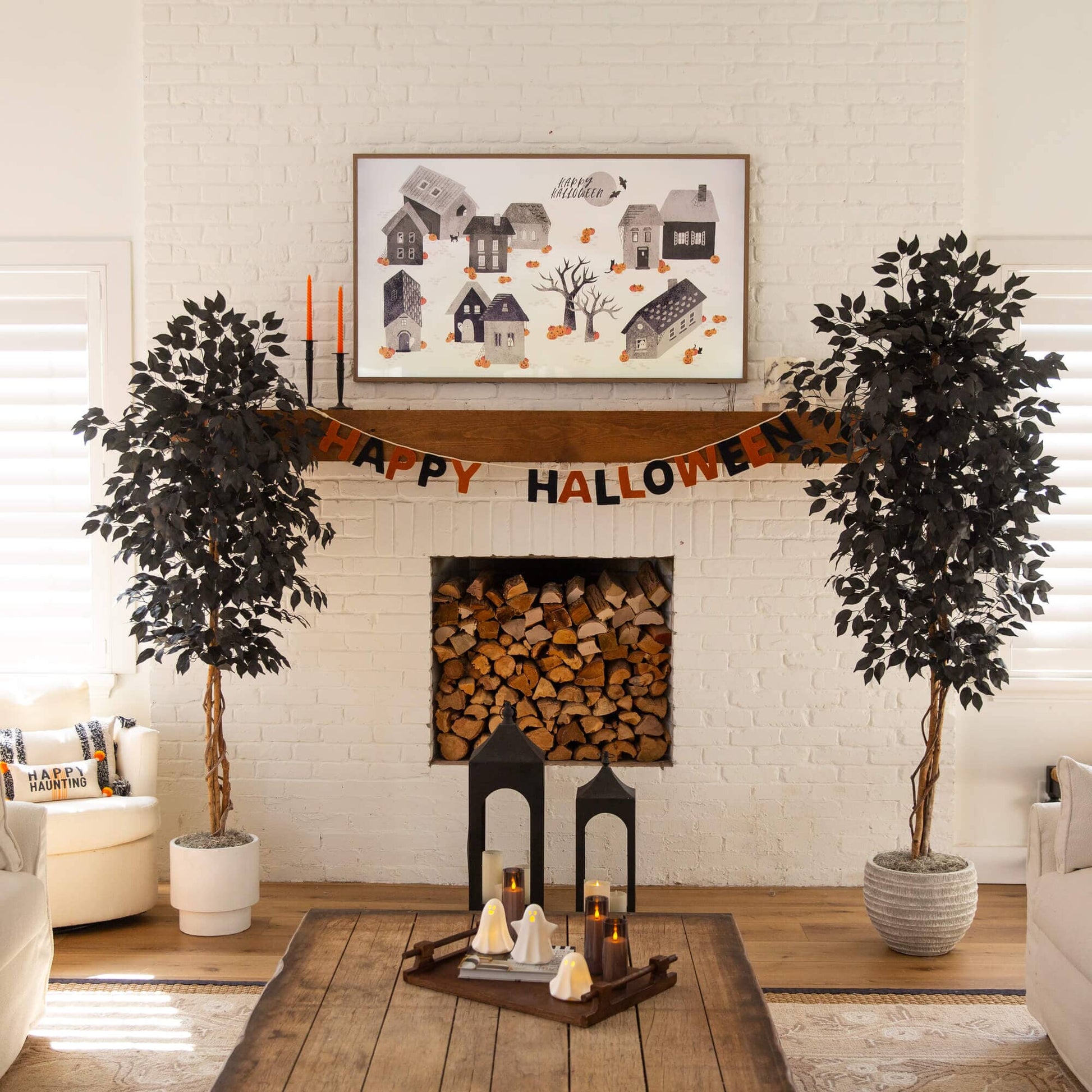 Pair of Nearly Natural 6' artificial Halloween Black Ficus Trees with natural trunks in gray pots on Tampa Home & Garden Store