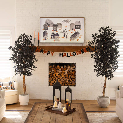 Pair of Nearly Natural 6' artificial Halloween Black Ficus Trees with natural trunks in gray pots on Tampa Home & Garden Store