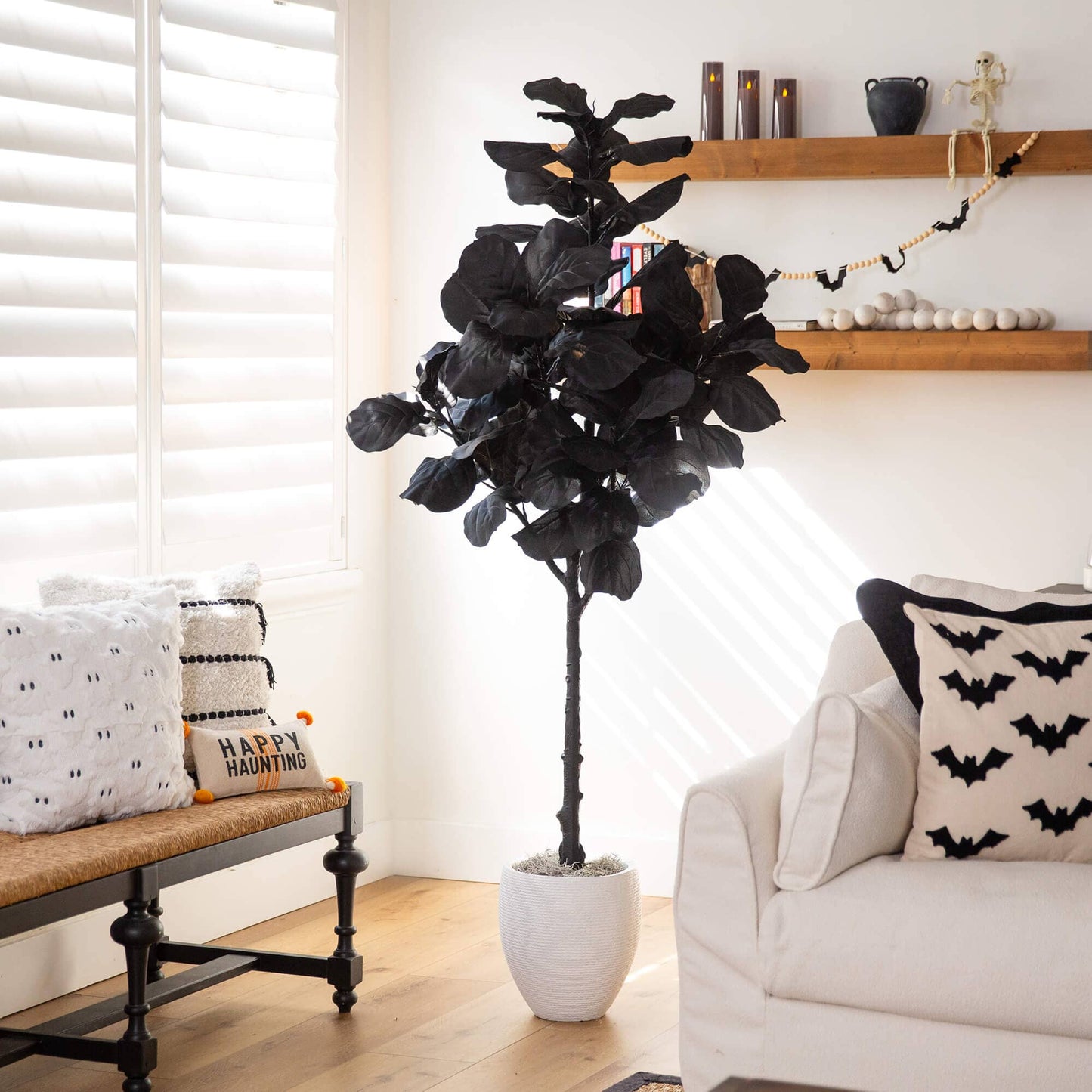 6' Halloween black fiddle leaf tree by Nearly Natural in white pot, dramatic indoor accent on Tampa Home & Garden Store